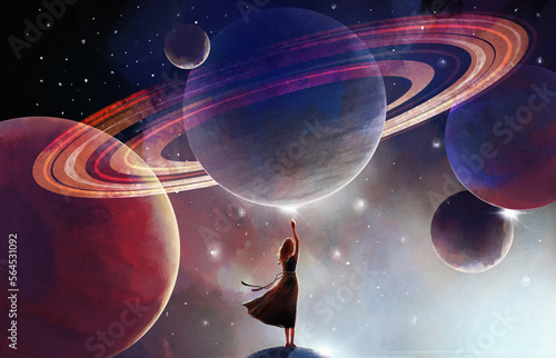 Space background for astrology, a woman touches the planet. Futuristic mystical background, subconscious depth concept, modern illustration. Girl and space. photo