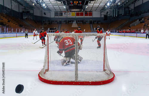 Canvas Print Ice hockey game from behind the net