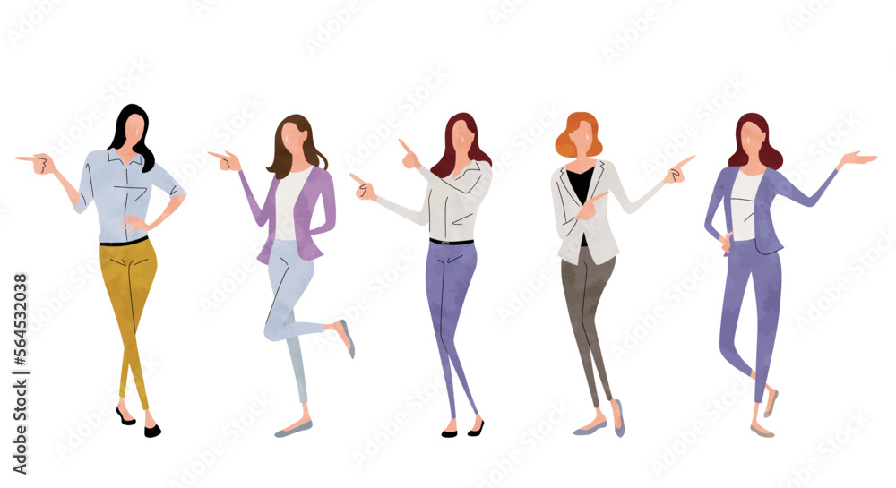 Obraz premium ベクターイラスト素材：指で示す女性人物セット、ビジネス