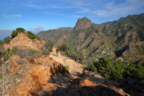 General view of the Northern Island towards Vallehermoso, La Gomera, Canary Islands, Spain, with Roque el Cano in the background. This picture was taken from a hiking trail above Vallehermoso 