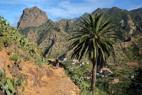 General view of the Northern Island towards Vallehermoso, La Gomera, Canary Islands, Spain, with Roque el Cano in the background. This picture was taken from a hiking trail above Vallehermoso  photo