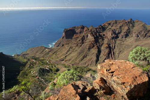 View towards the valley of Taguluche in La Gomera, Canary Islands, Spain, in the West of the Island, with plunging cliffs. Picture taken from a hiking trail near Arure leading to Alojera 
