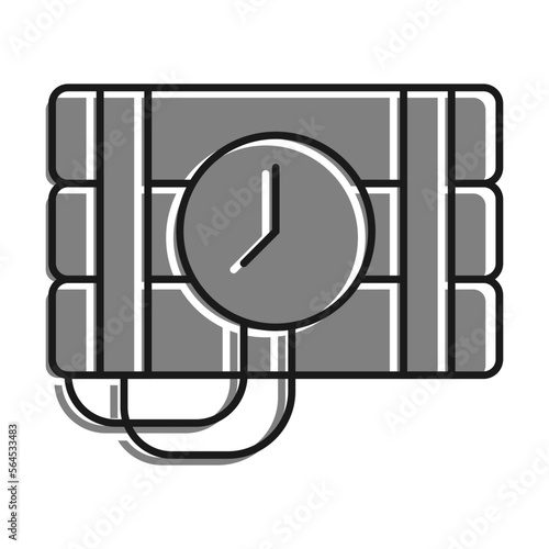 Linear filled with gray color icon Of Bunch Of Cylinders With Dynamite. Timer On With Clock On Explosives. Simple black and white vector Isolated On white background
