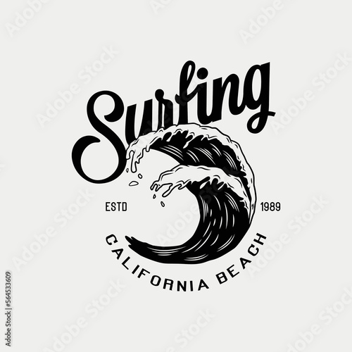 Vector illustration surfing theme badge design. For t-shirt prints, posters, stickers and other uses.