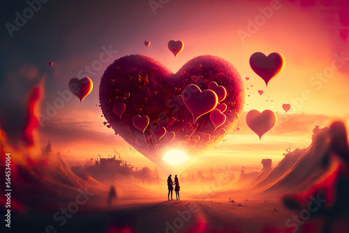 Couple by sunset with giant heart ballons made by generative ai