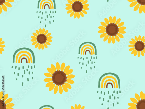 Seamless pattern with sunflowers and rainbows on green background vector.