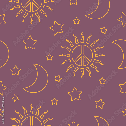 seamless pattern in hippie style with orange sunny Peace sign, moon and stars and hearts on purple background. Retro style..