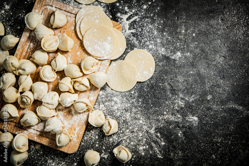 Fototapeta premium Raw dumplings and round pieces of dough on a cutting board. 