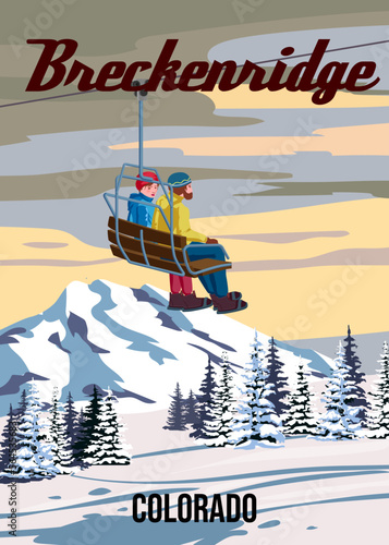 Travel poster Ski Breckenridge resort vintage. America winter landscape travel card photo