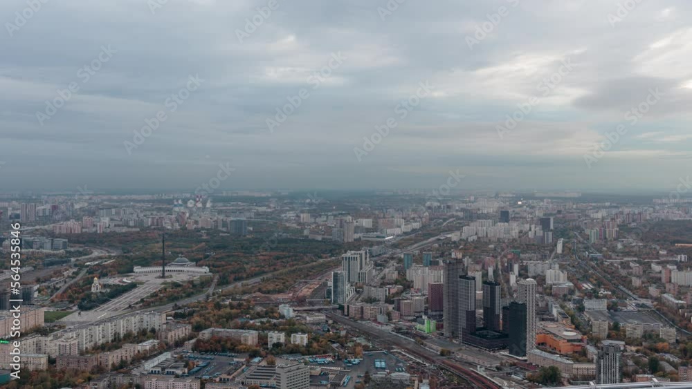 Aerial view of roads in Moscow from the high skyscraper of Moscow City. Time-lapse. Aerial view of roads in Moscow from the high skyscraper of Moscow City. Time-lapse.