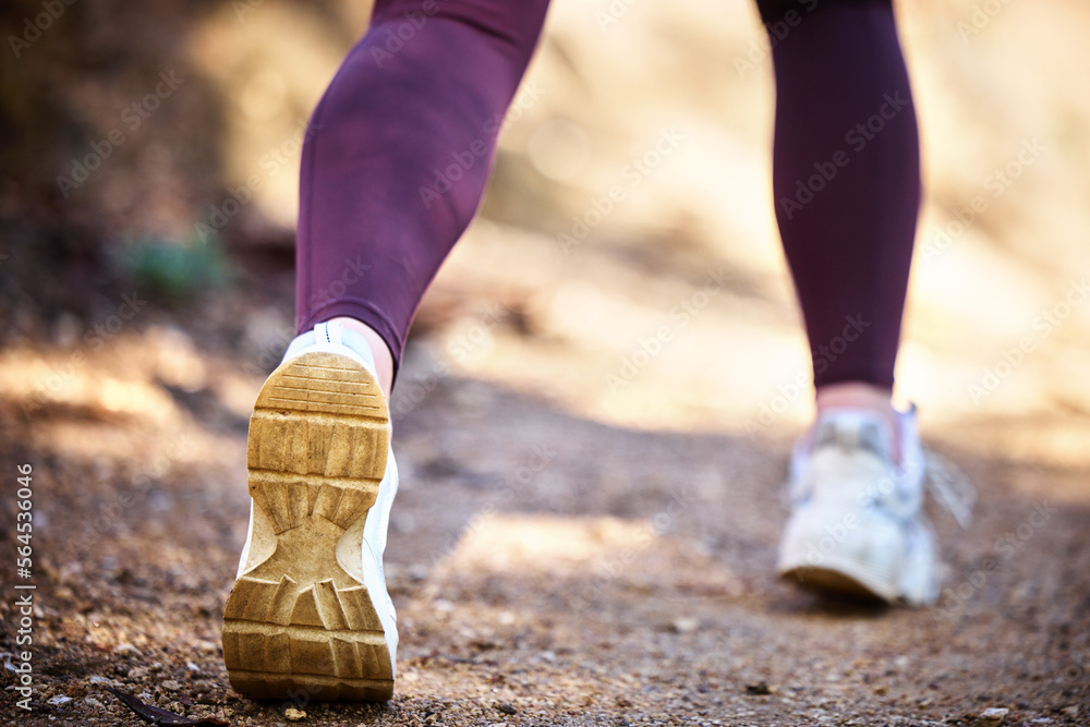 Running, health and shoes of woman in nature park for workout, fitness and cardio training. Wellness, sports and stamina endurance with girl runner jogging in forest for progress goals, exercise Running, health and shoes of woman in nature park for workout, fitness and cardio training. Wellness, sports and stamina endurance with girl runner jogging in forest for progress goals, exercise
