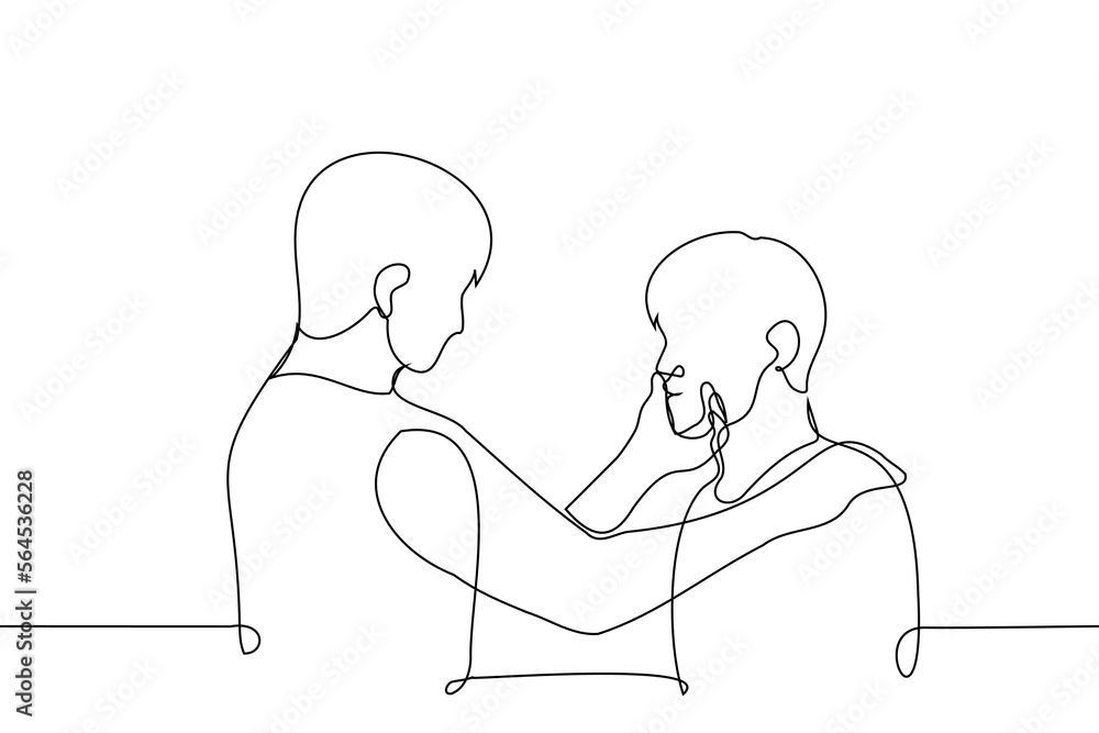 man grabbed the cheeks of another - one line drawing vector man grabbed the cheeks of another - one line drawing vector