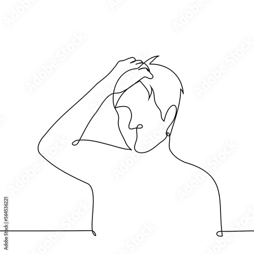 man running his hand through his hair - one line drawing vector. the concept of preening, removing the bangs from the forehead