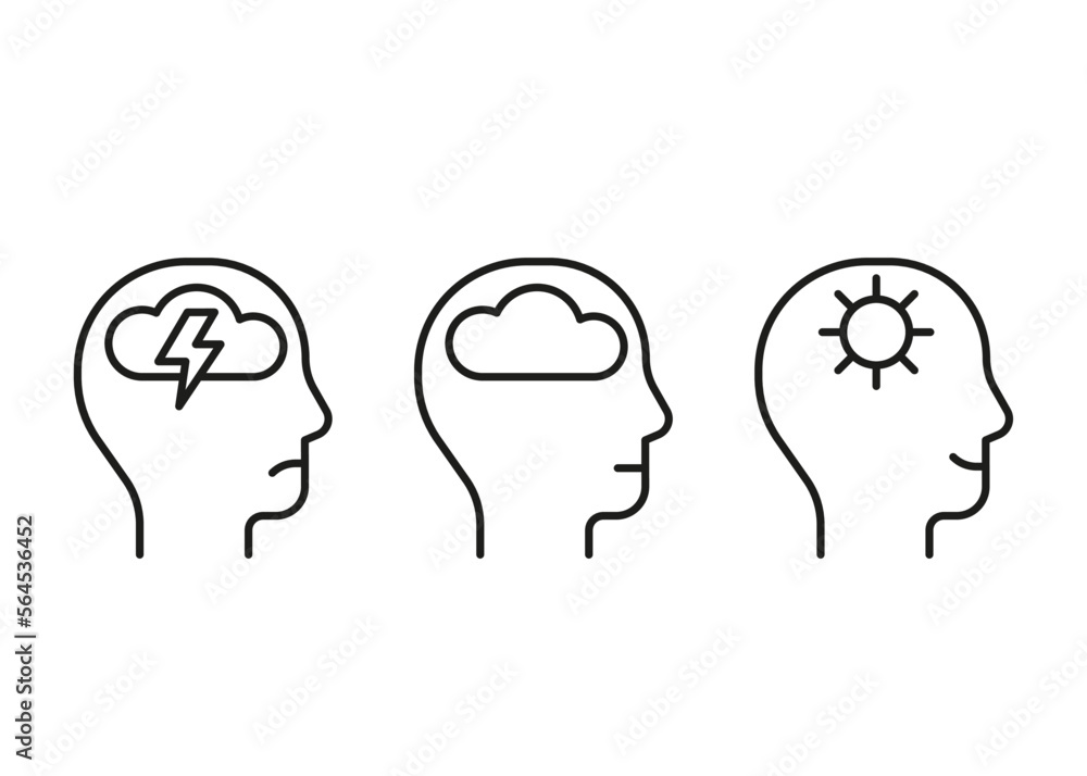 Head profile with stress, calm and good mental health, line icon. Face with storm, cloud and clear sky, sun. Control of mind, psychology. Vector