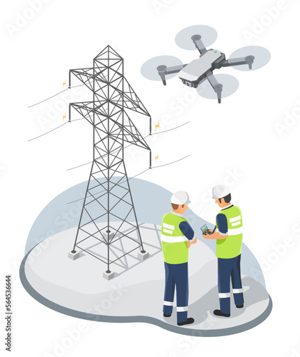 Electricity Engineer or Inspector using Drone Cam inspecting and maintaining Electric Technician maintenance or worker at hight electrical transmissian tower high volt from power plant isometric