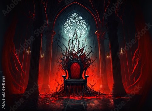 illustration of the hell throne hall with a throne, idea for scary background backdrop Generative Ai photo