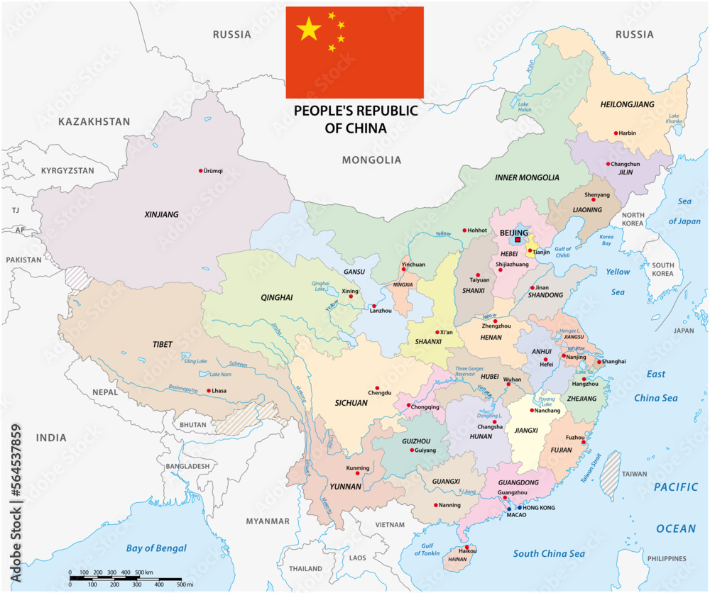 Color map of administrative divisions of China with flag