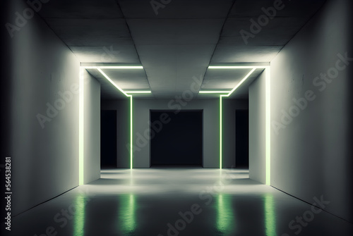 Futuristic Tunnel with Neon Light Tubes in Concrete Grunge Tunnel Corridor - generative ai