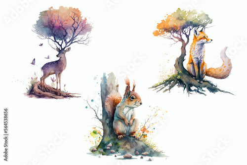 Safari Animal set Deer, fox, squirrel in watercolor style. Isolated vector illustration