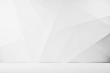 Soft light white abstract stage in elegant futuristic geometric style with simple lines and corners, polygons as background with white wood shelf for advertisement, presentation products, design.