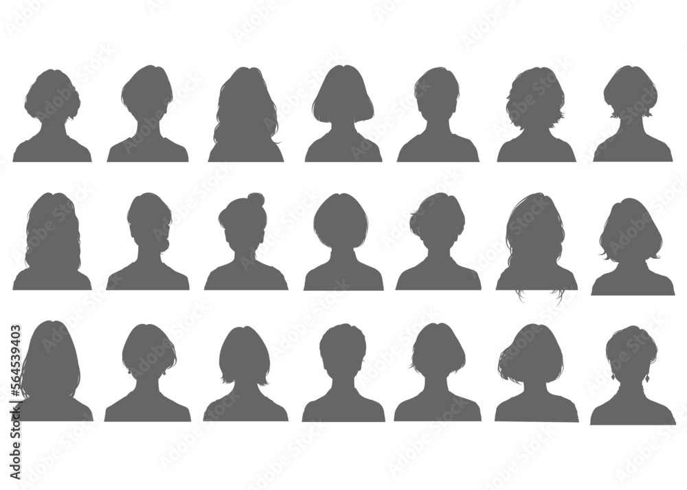 女性の証明写真のシルエット 21人セット 上半身バストアップのイラスト