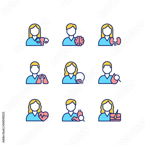 Hospital services pixel perfect RGB color icons set. Cardiologist, gastroenterology. Diagnostics and treatment. Isolated vector illustrations. Simple filled line drawings collection. Editable stroke