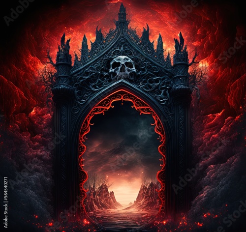 Canvas Print illustration of sinful curse hell gate with smoke and flame Generative Ai