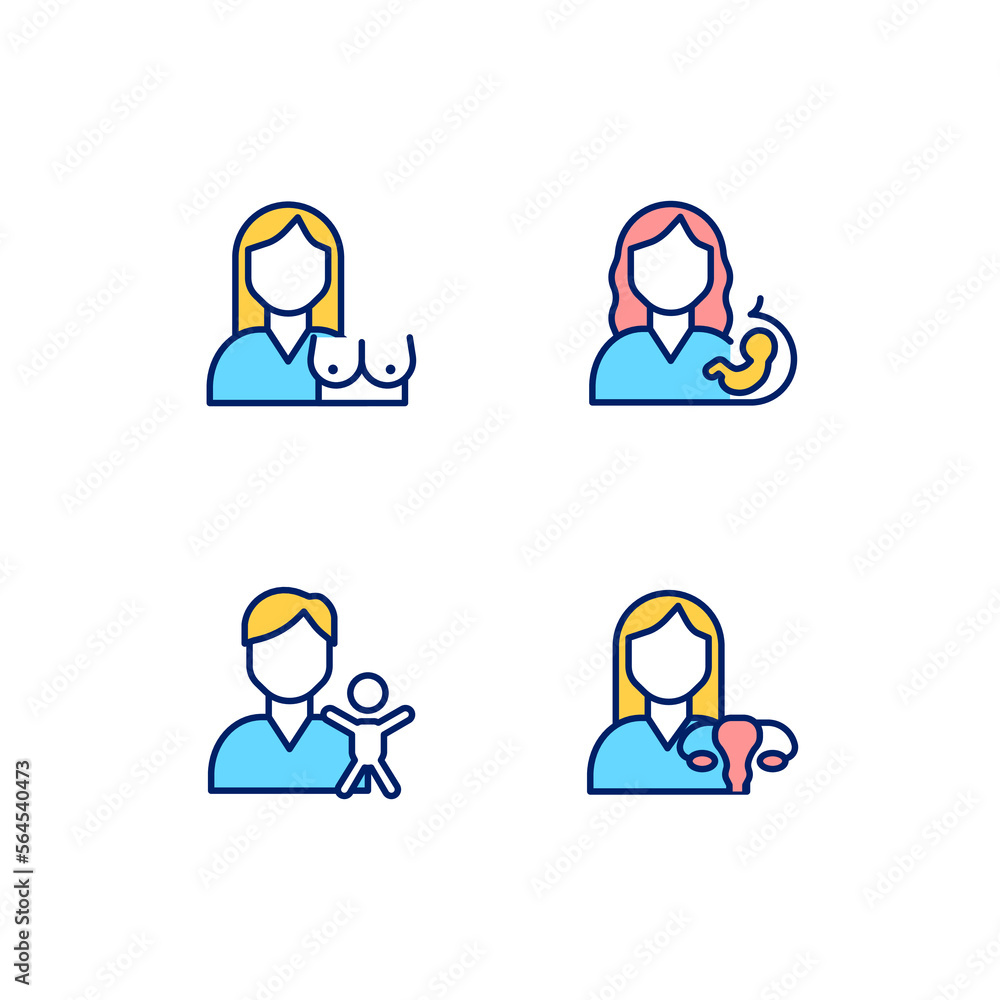 Mother and child health pixel perfect RGB color icons set. Mammography and gynecology. Prenatal care service. Isolated vector illustrations. Simple filled line drawings collection. Editable stroke Mother and child health pixel perfect RGB color icons set. Mammography and gynecology. Prenatal care service. Isolated vector illustrations. Simple filled line drawings collection. Editable stroke