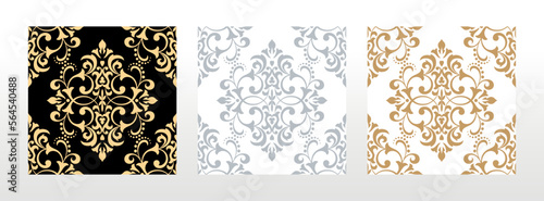 Wallpapers in the style of Baroque. Seamless vector backgrounds. Set of colored floral ornaments. Graphic patterns for fabric, wallpaper, packaging. Ornate Damask flower ornaments