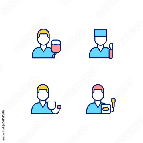 Diagnostics and treatment pixel perfect RGB color icons set. Surgery and intensive care. Ultrasound screening. Isolated vector illustrations. Simple filled line drawings collection. Editable stroke