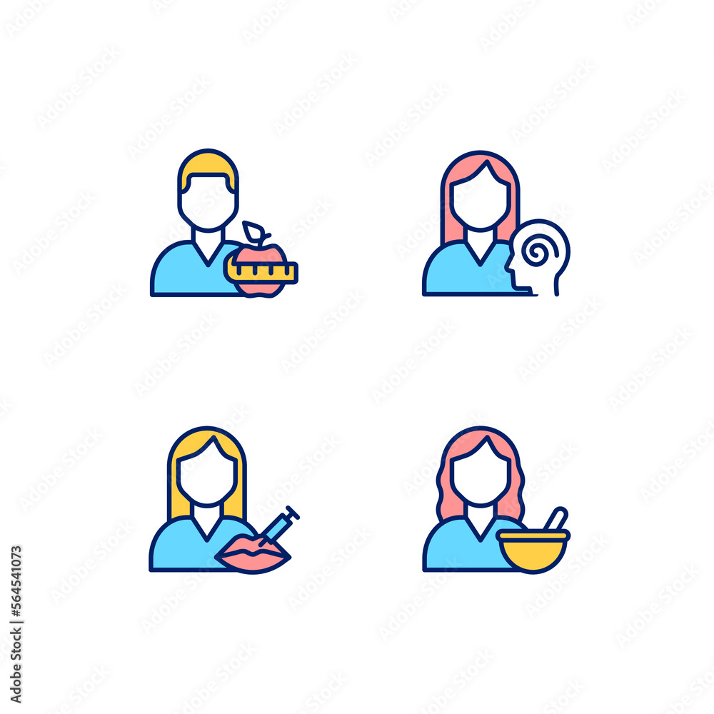 Healthcare services pixel perfect RGB color icons set. Beauty clinic. Mental health. Cosmetologist, nutritionist. Isolated vector illustrations. Simple filled line drawings collection. Editable stroke Healthcare services pixel perfect RGB color icons set. Beauty clinic. Mental health. Cosmetologist, nutritionist. Isolated vector illustrations. Simple filled line drawings collection. Editable stroke