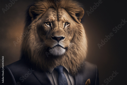 Portrait of a Lion dressed in a formal business suit, Generative AI
