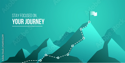 Business journey concept vector illustration of a mountain with path and a flag at the top, route to mountain peak, business journey and planning concept. photo