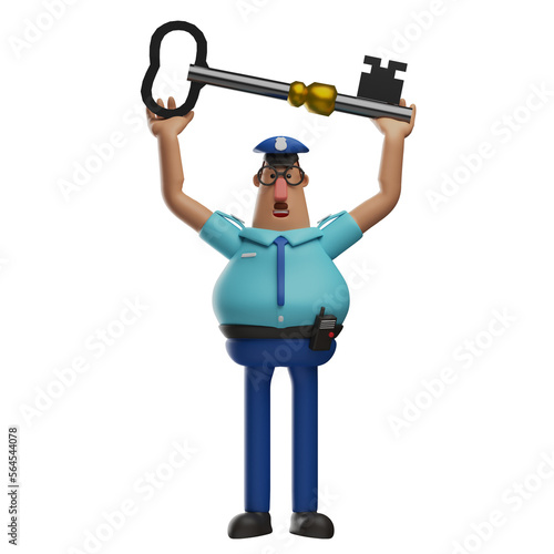3D illustration. Illustration of 3D cartoon character of a cute police officer holding a key. wearing a funny costume. showing a funny laugh. 3D Cartoon Character