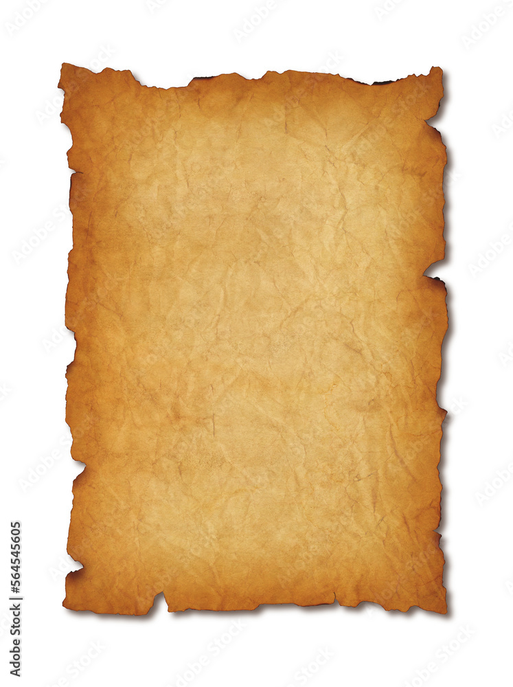 Old mediaeval paper sheet. Parchment scroll isolated on white with shadow