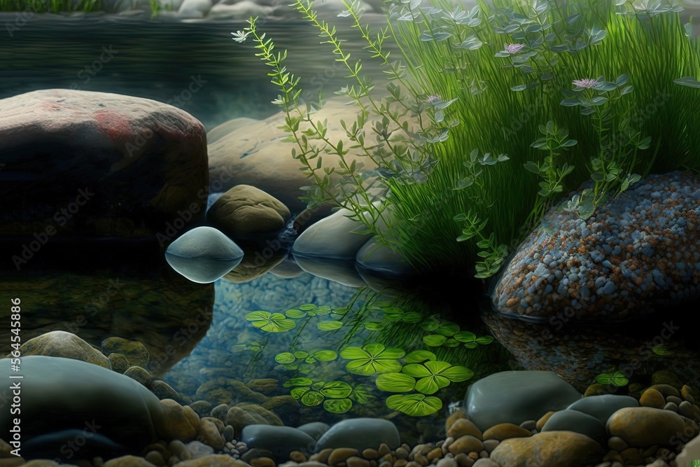 Fototapeta premium close up nature pond with water plant , peaceful nature Generative Ai