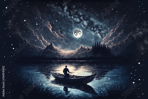 a man on paddle boat at full moon night, Generative Ai