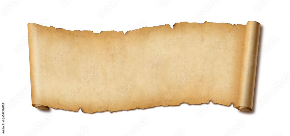 Fototapeta premium Old paper horizontal banner. Parchment scroll isolated on white with shadow