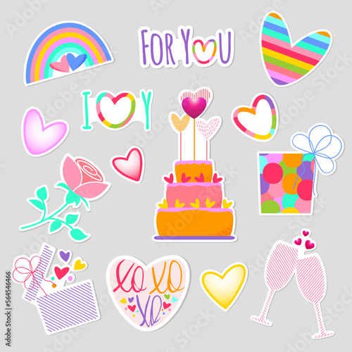 Valentine s day  a set of stickers with a heart  inscriptions  for you  I love you  cake  glasses  rainbow  gifts  rose