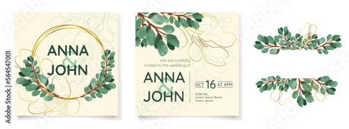 Template of wedding invitation card design set. Hand drawn watercolor green tropical leaves and foliage with golden line, circle, frame and pastel yellow background.