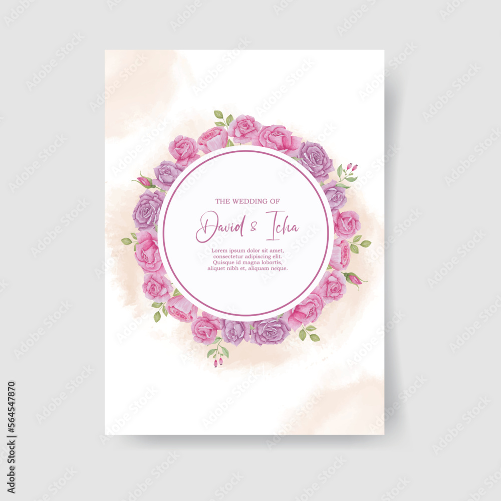 Wedding invite, invitation, save the date card floral design. Pink Rose flower, blush dusty Anemone flowers, eucalyptus silver, greenery leaves, branches, berry decoration. Elegant, romantic template.