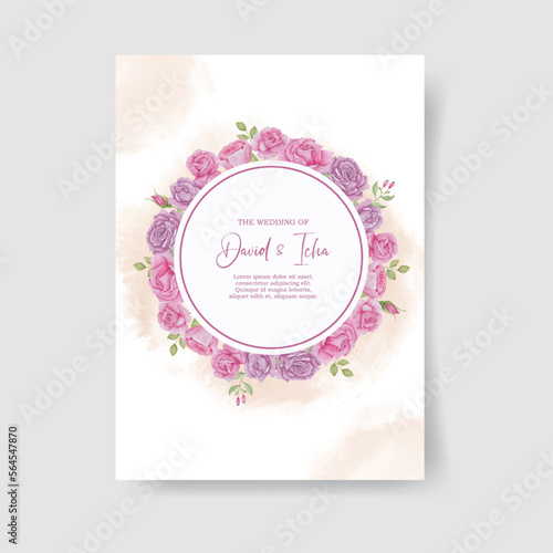 Wedding invite  invitation  save the date card floral design. Pink Rose flower  blush dusty Anemone flowers  eucalyptus silver  greenery leaves  branches  berry decoration. Elegant  romantic template.