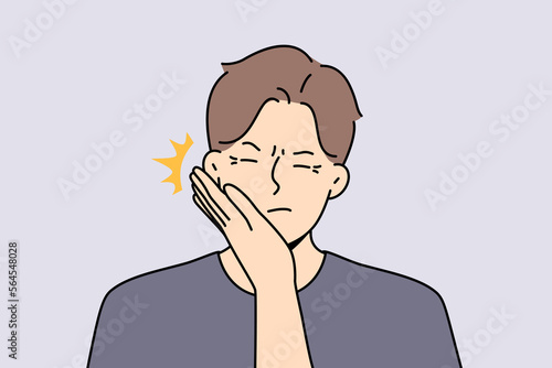 Woman hand give face slap to male. Distressed unhappy man being slapped by female lover or friend. Body language concept. Vector illustration.  photo