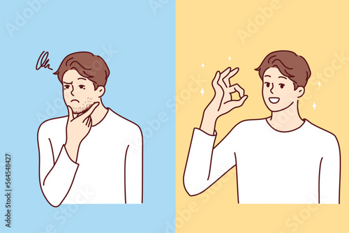 Entangled in threads of man puzzled touches chin then smiles and shows OK gesture. concept of positive thoughts during difficult situations and ability to cope with stress. Flat vector design 