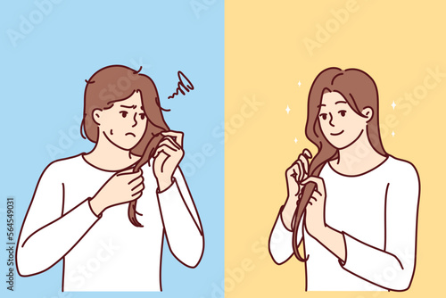 Unhappy woman examines problematic hair in need of hairdresser help and smiling girl is pleased with own hairstyle. Female characters for advertising shampoo or hair care lotion. Flat vector image 