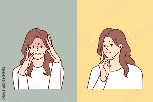 Discouraged long-haired woman with frightened face clutches head after seeing bandit or terrible crime. Positive girl in casual t-shirt touches chin and smiles carelessly. Flat vector illustration