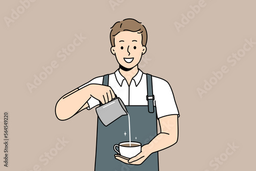 Smiling male barista in apron making cappuccino in cup. Happy man waiter prepare coffee in cafe show good quality service. Coffee shop art. Vector illustration. 