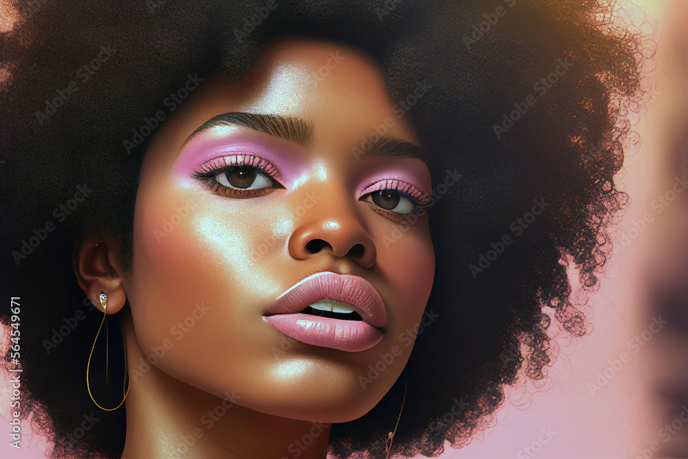 Woman face with make up, pink lipstick, and eyeshadows, black afro hair. Fashion and cosmetics. AI generative