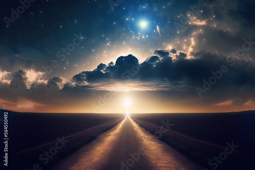 Fototapeta way path to heaven with light glow from the eternal horizon, concept of adventur