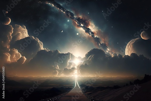 illustration of way to horizon with cloudy sky and star galaxy glow light, idea for spiritual journey, believe, hope, knowing yourself and god concept background wallpaper Generative Ai